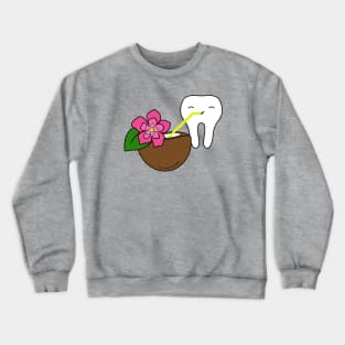 Cute Molar drinking coconut water illustration - for Dentists, Hygienists, Dental Assistants, Dental Students and anyone who loves teeth by Happimola Crewneck Sweatshirt